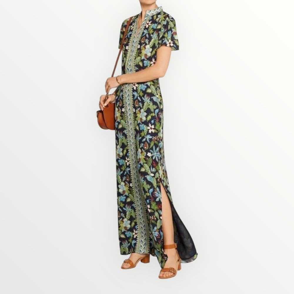 Tory Burch Silk Garden Wisteria Kaftan Mandarin Collar Dress Size 8